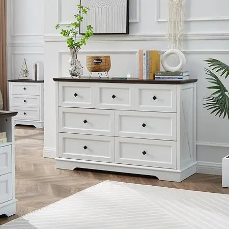 7 Drawer Farmhouse Dresser Chest with Charging Station for Modern Bedrooms