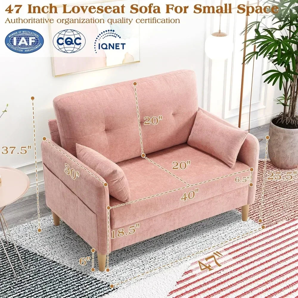 47 Inch Small Chenille Fabric Love Seat Sofa with Throw Pillow for Living Room