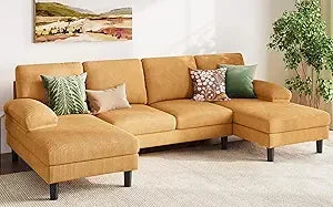 Corduroy U Shaped Sectional Sofa With Sleepable Armrests