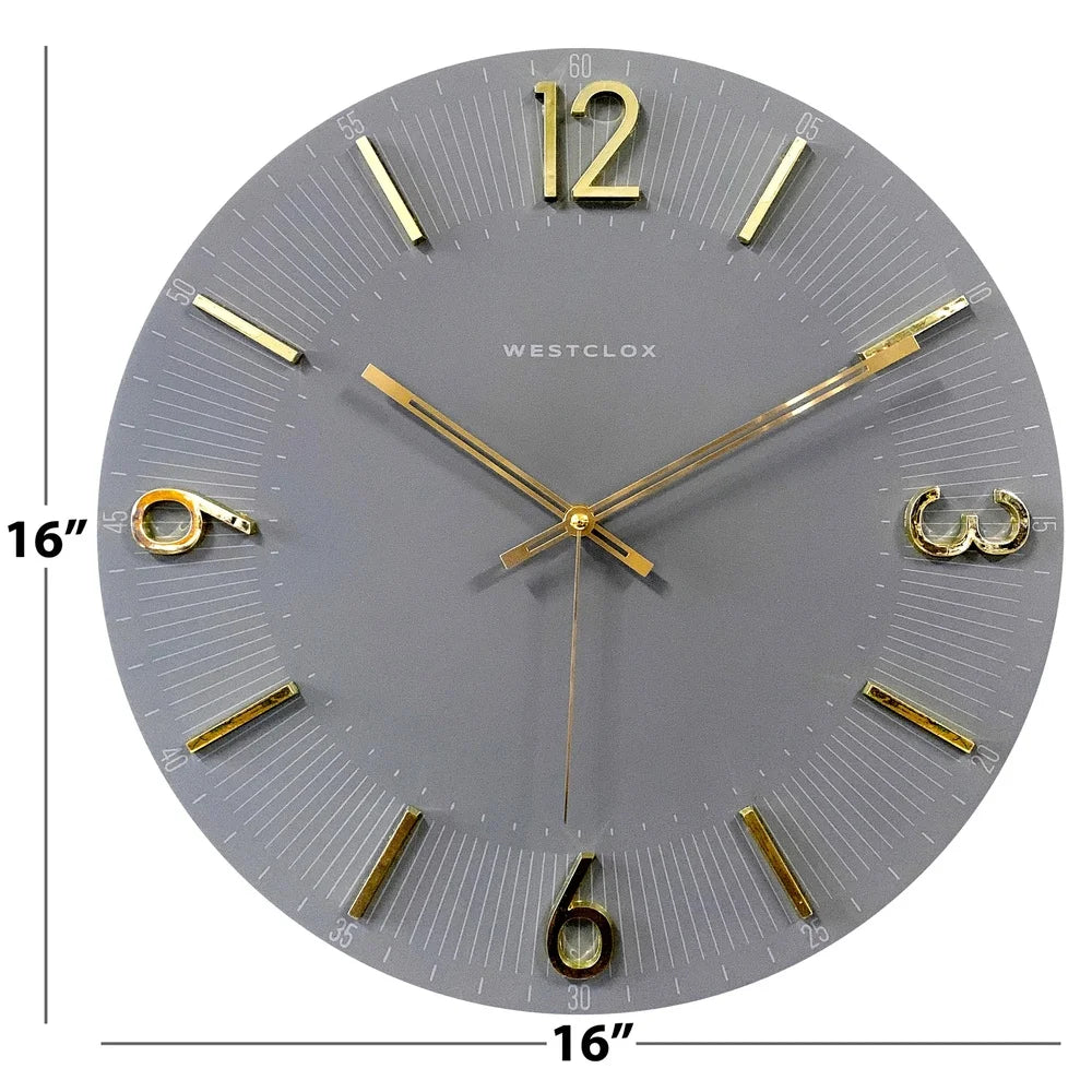 Contemporary 16 Inch Gray Analog Wall Clock with Gold Numbers for Home Decor