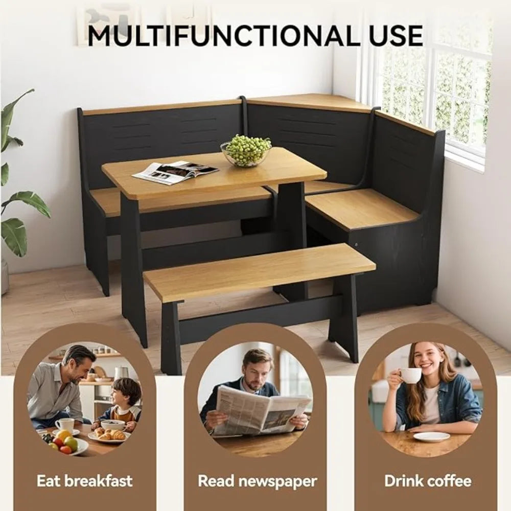 Modern Black L-Shape Breakfast Nook Corner Dining Table and Bench Set