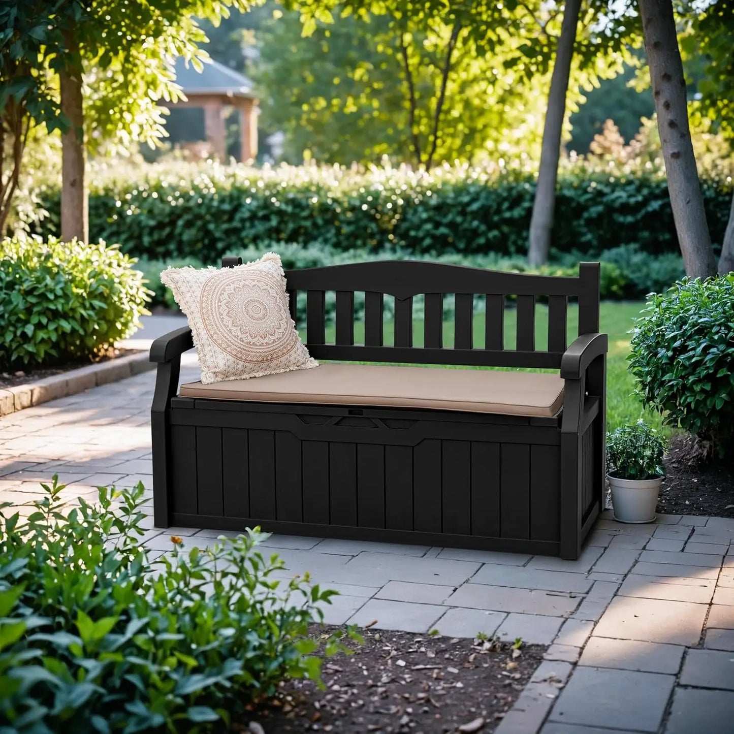 80 Gallon Lockable Storage Bench Deck Box for Outdoor Furniture and Garden Tools