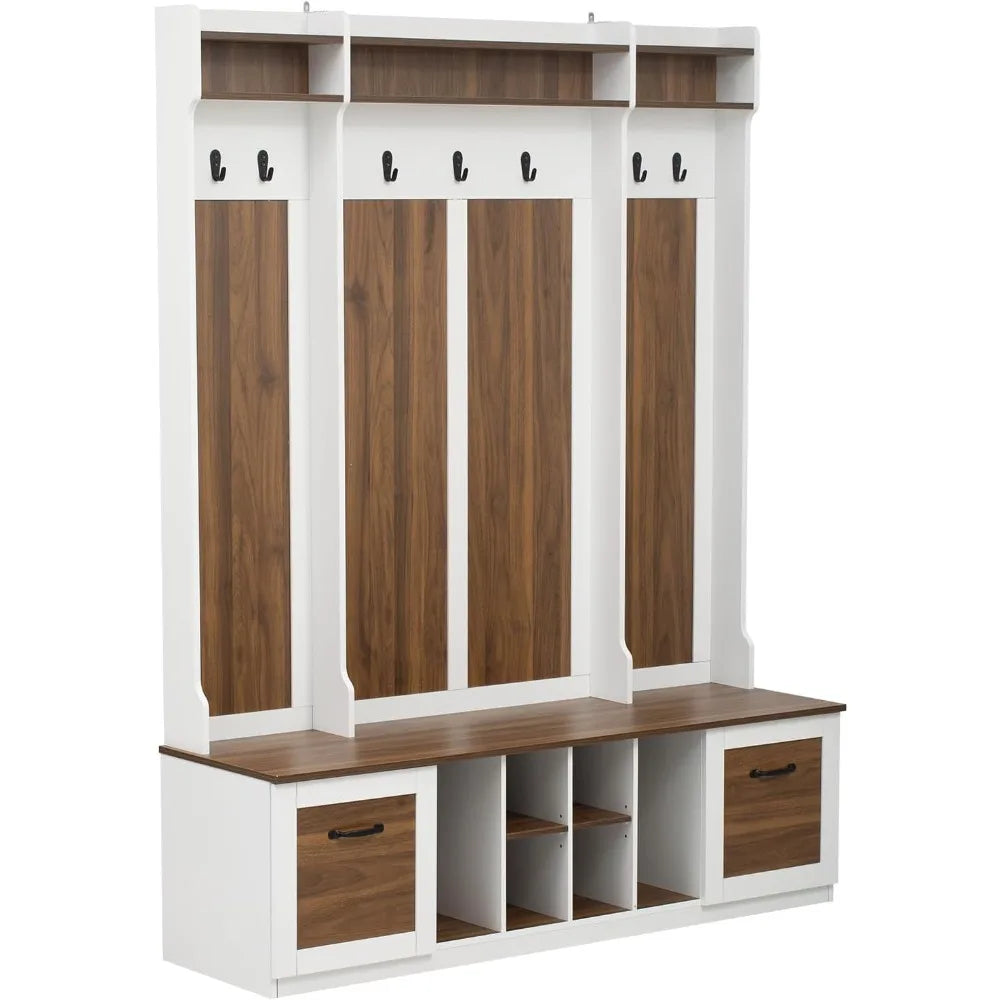 58.8 Inch Wide Hall Tree with Bench Coat Rack Hooks Drawers and Adjustable Shelves