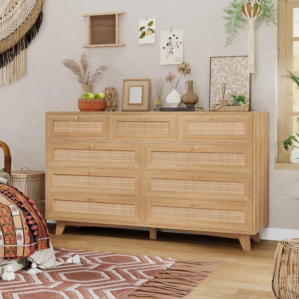 Rattan Dresser with 9 Drawers Natural Finish Modern Wooden Tall Cabinet
