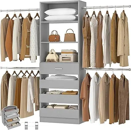 4-9Ft White Oak Closet Organizer System with 4 Wooden Drawers and Tower