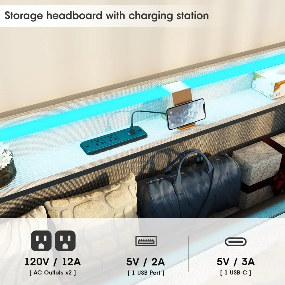 Guangbai Floating Bed Frame Storage Headboard Led Lights