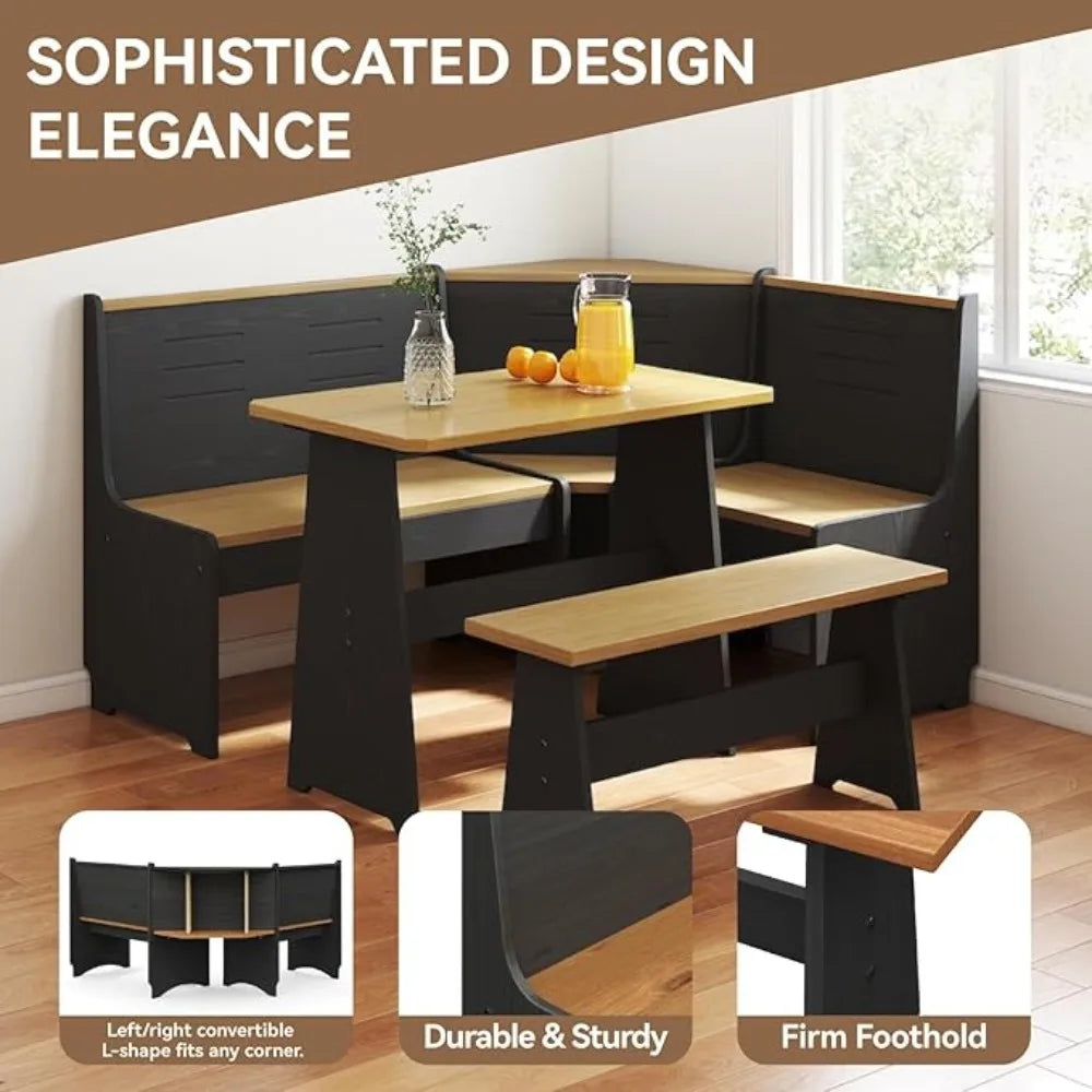 Modern Black L-Shape Breakfast Nook Corner Dining Table and Bench Set