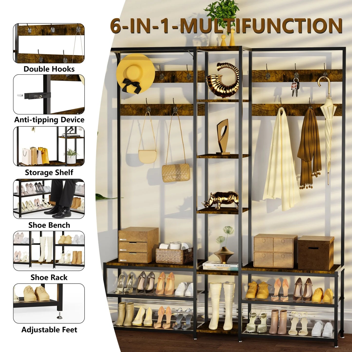 Tall Hall Tree With Shoe Rack Bench And 10 Hooks Entryway Organizer