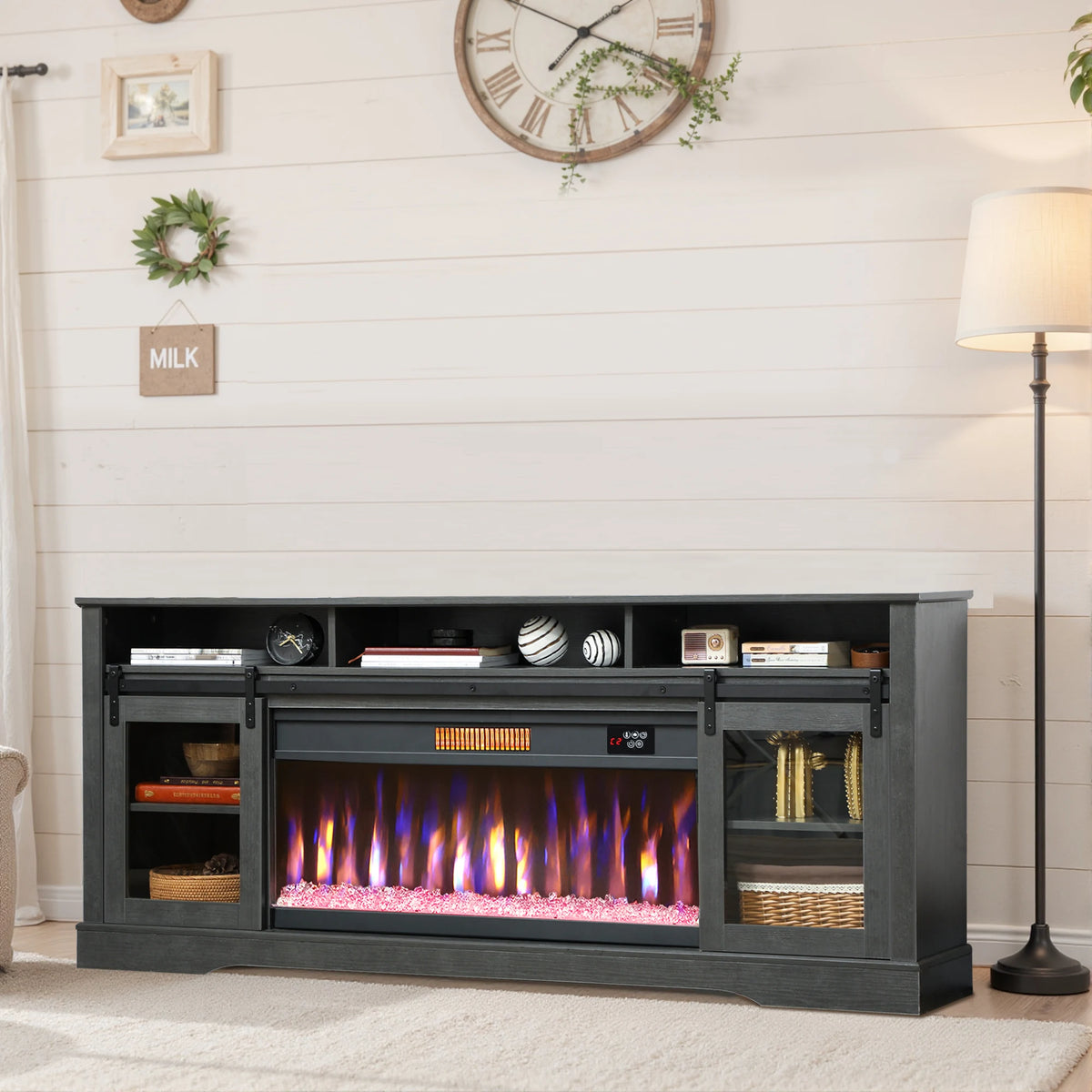 HOMCOM Modern TV Stand Electric Fireplace And Storage Cabinets