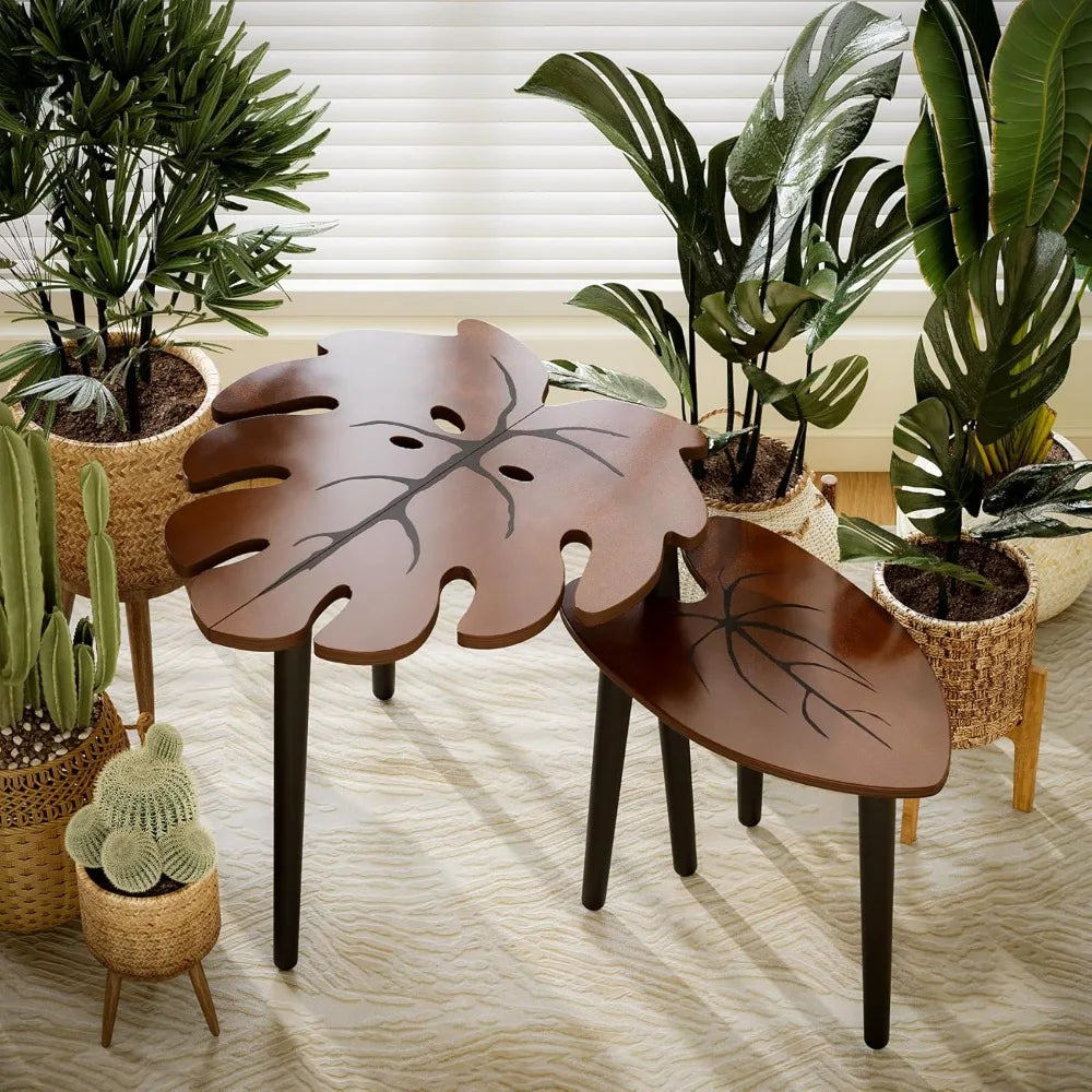 Monstera Leaf Nesting Tables Set of 2 Modern Wooden