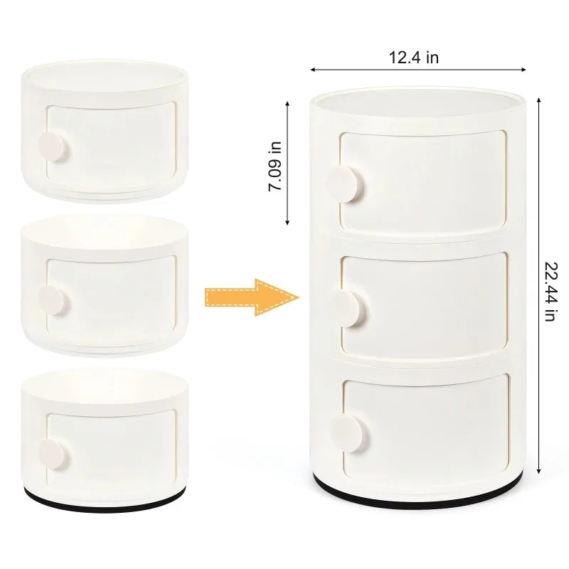 Modern White Round Bedside Table with 3 Tier Storage and Sliding Door Design
