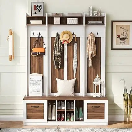 58.8 Inch Wide Hall Tree with Bench Coat Rack Hooks Drawers and Adjustable Shelves