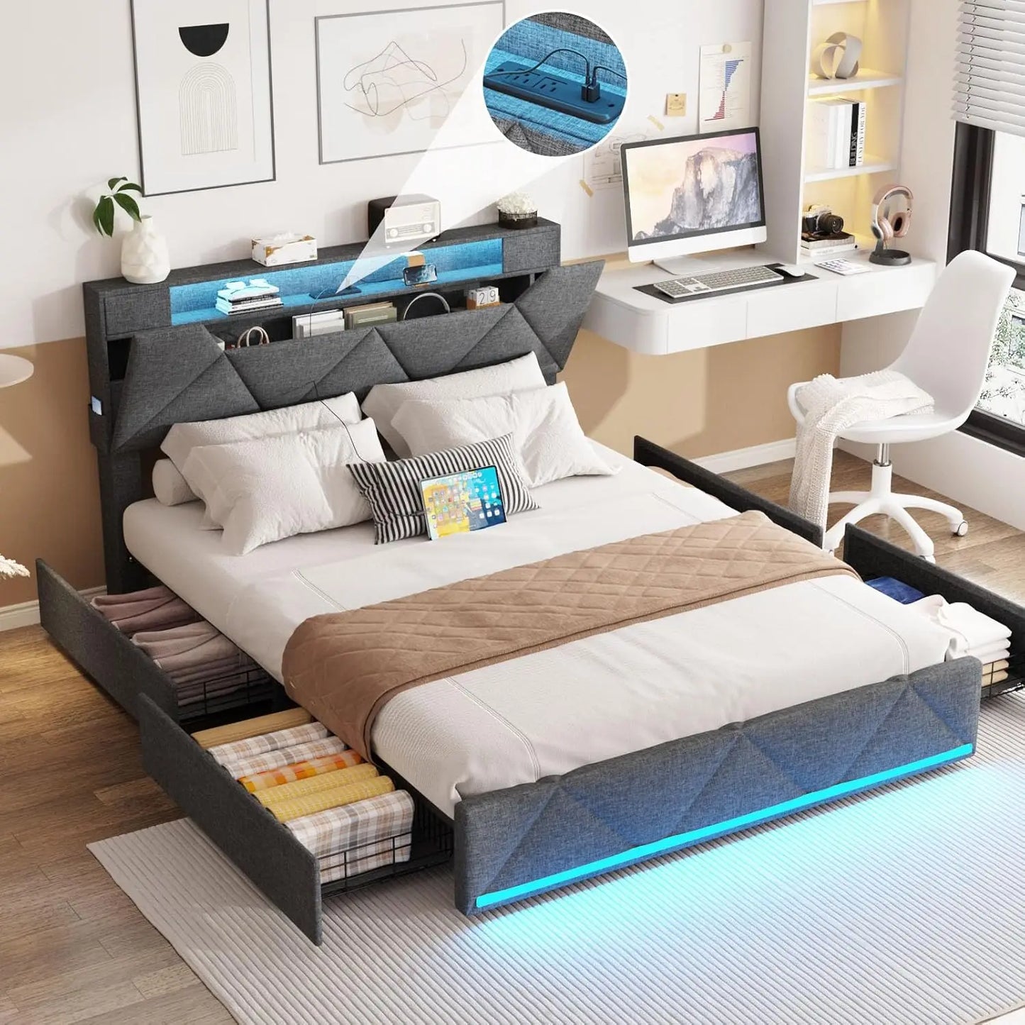 Vabches Upholstered Bed Frame With Storage And Drawers