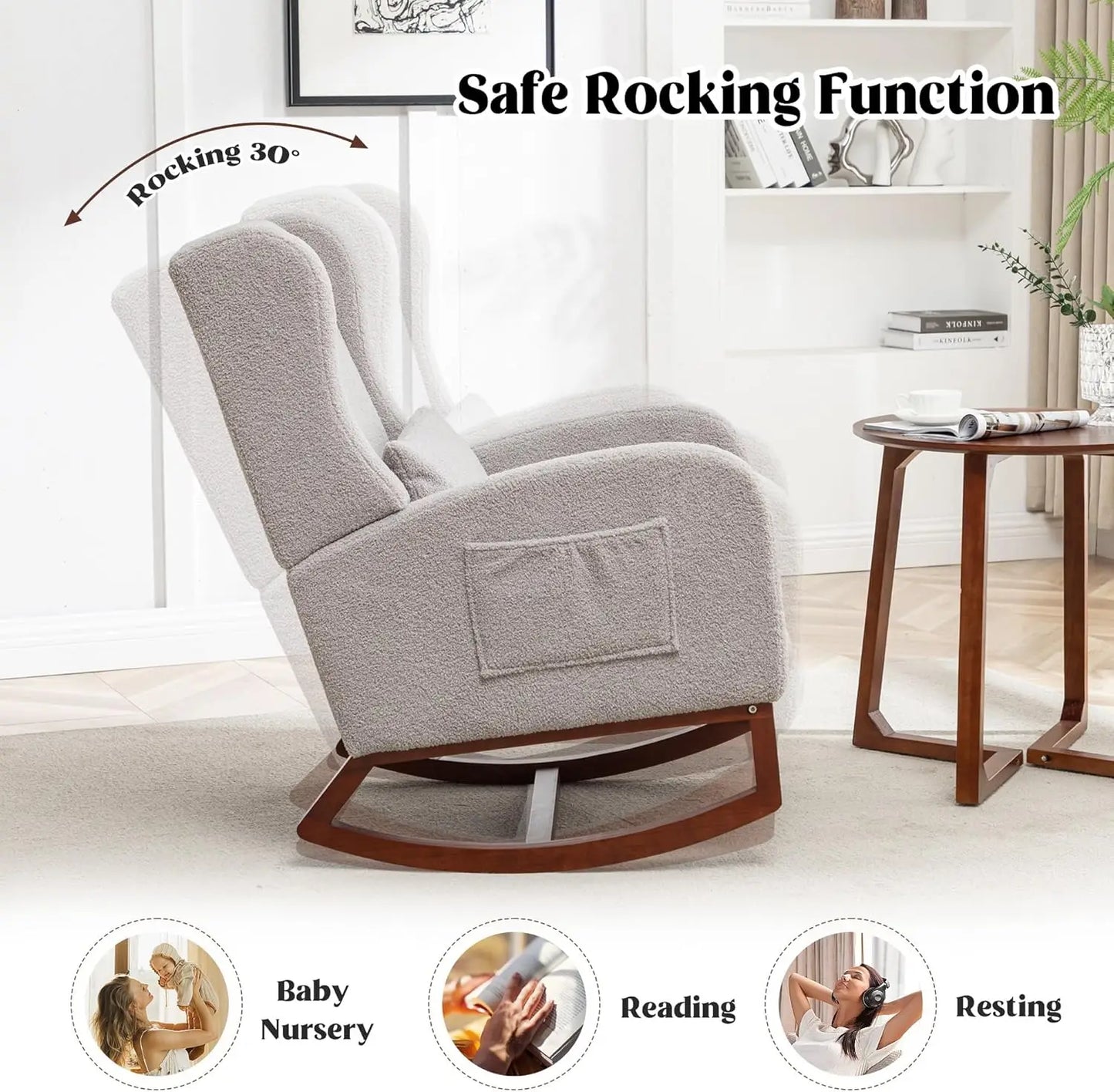 Wingback Rocking Chair Nursery with Footrest and Pillow Teddy Nursing Glider