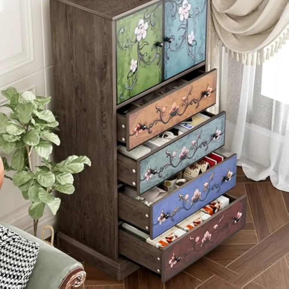 50 Inch Tall Boho Vintage Dresser with 4 Drawers and 2 Doors for Home Storage
