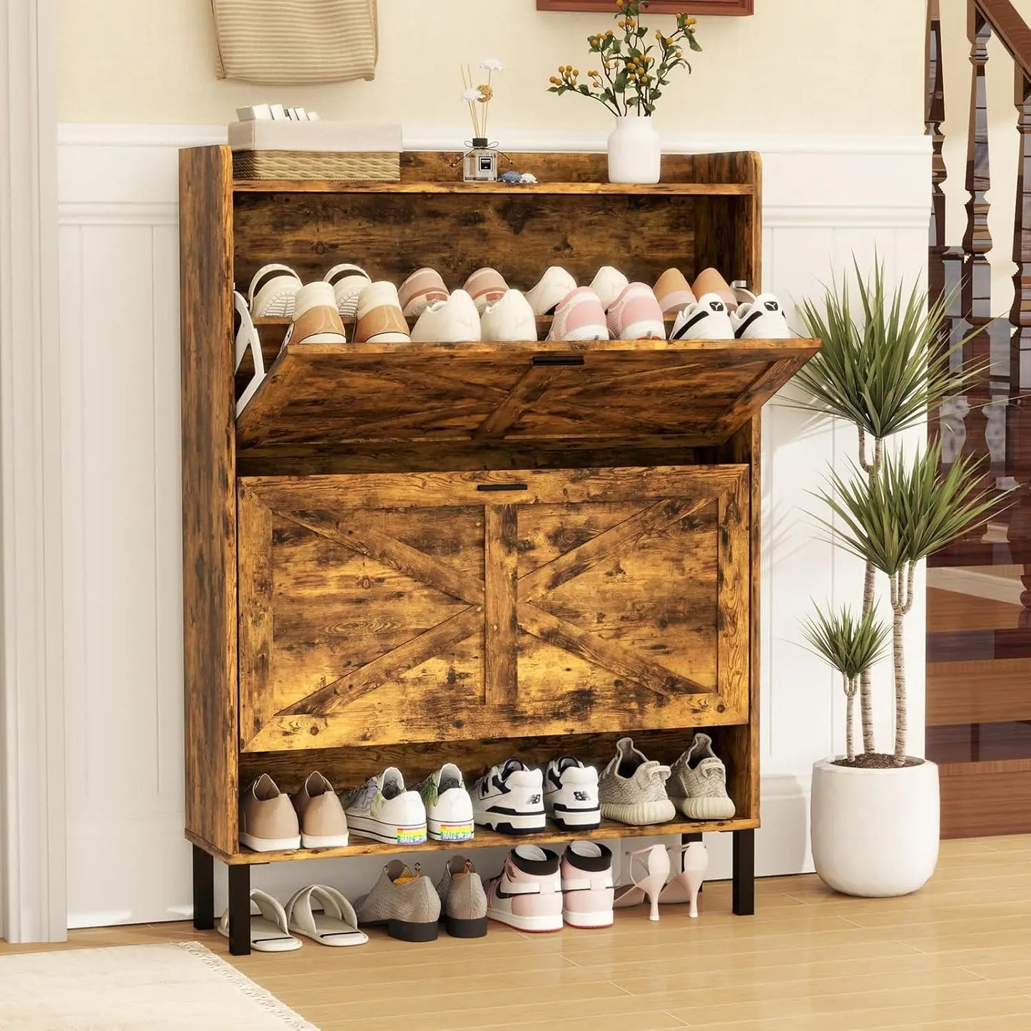 Shoe Cabinet for 24 Pairs Slim Freestanding Organizer with Flip Drawers and Hooks
