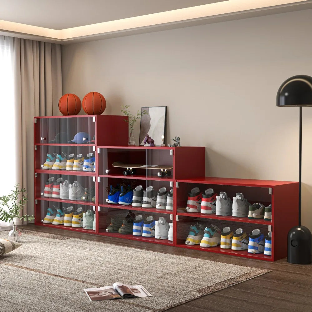 Red Glass Door Shoe Storage Cabinet with RGB LED Light for Sneakers