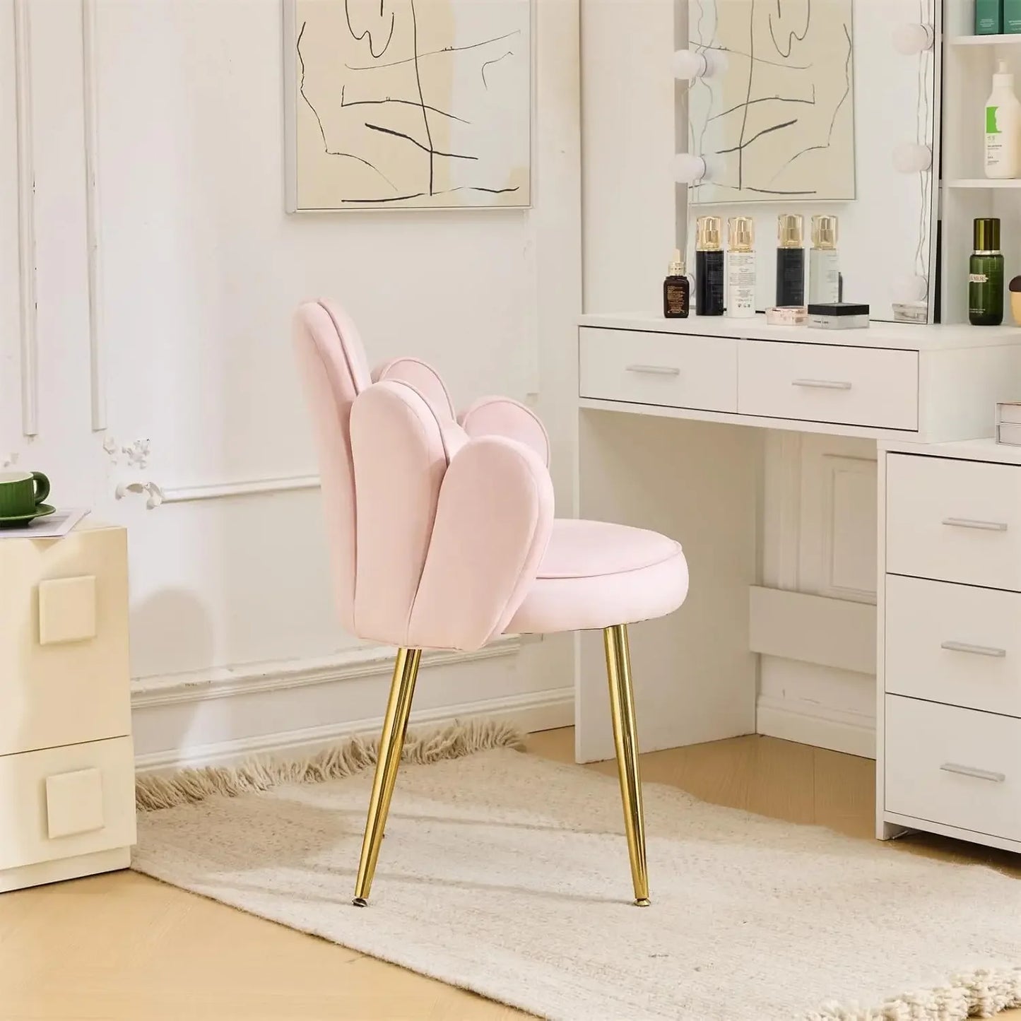 Petal Velvet Makeup Vanity Chair with Back for Girls Comfy Modern Design