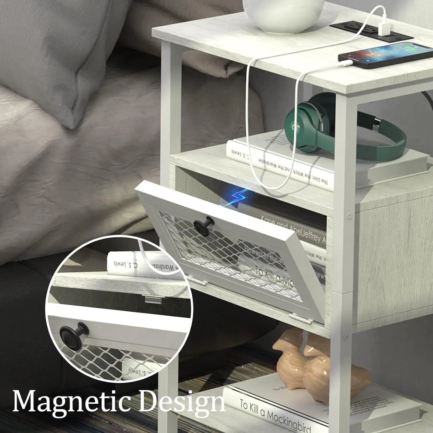 ZISIZ Set of 2 Nightstand Charging Station End Tables