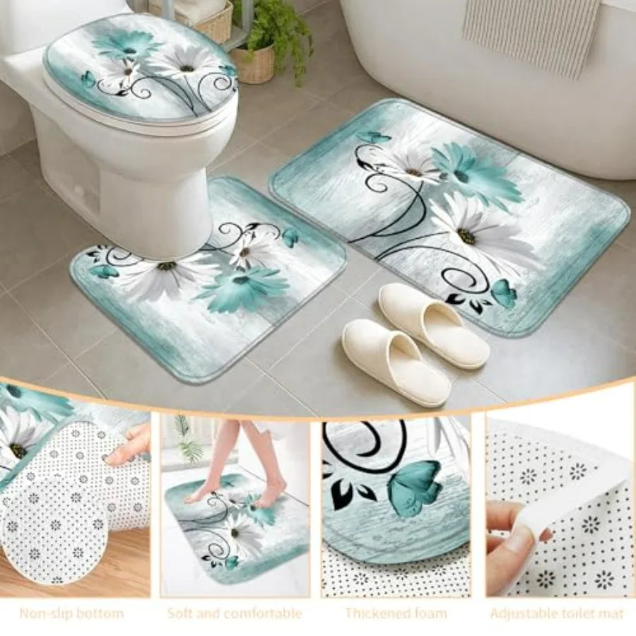 Five Piece Daisy Shower Curtain Set With Luxury Rugs