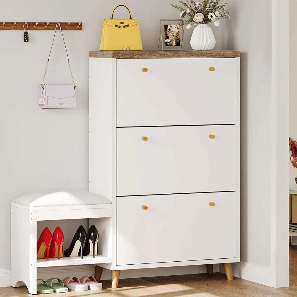 Modern Shoe Cabinet with 3 Flip Drawers Freestanding Entryway Storage Rack