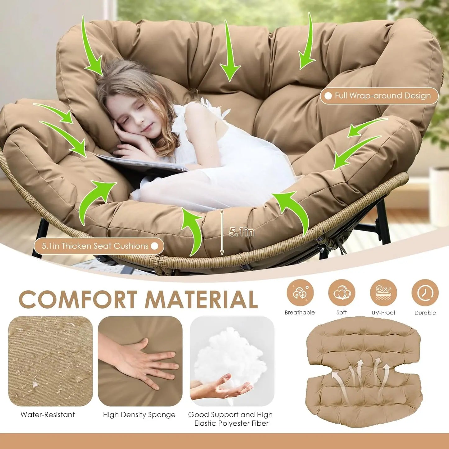 Oversized Rocking Egg Chair with Water Resistant Cushion for Indoor Outdoor Use