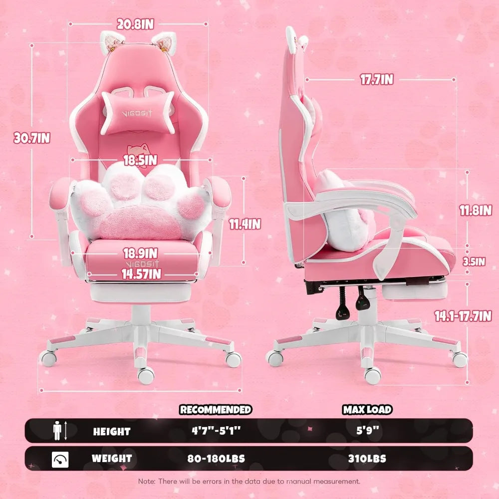 Pink Gaming Chair with Cat Ears and Lumbar Cushion Ergonomic Design and Footrest