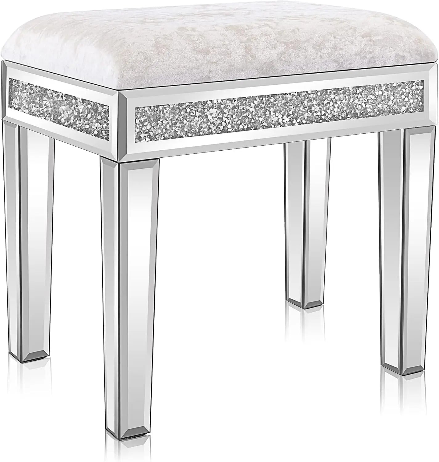 Mirrored Velvet Vanity Stool with Storage and Sparkling Diamonds in Silver
