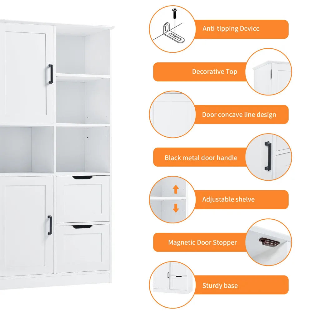 Bathroom Storage Cabinet With Doors, Drawers And Adjustable Shelves