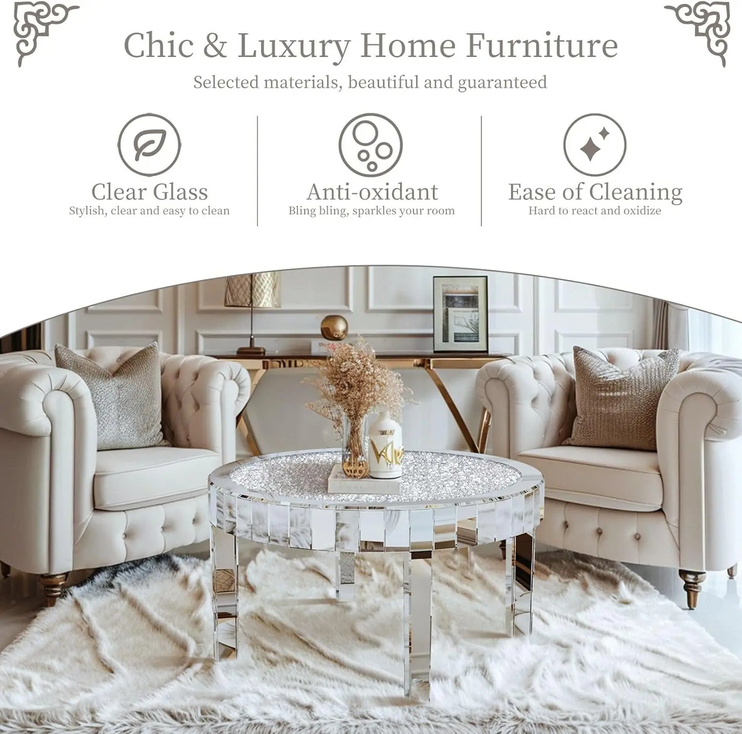 Round Mirrored Coffee Table With Crushed Diamond Glass Top
