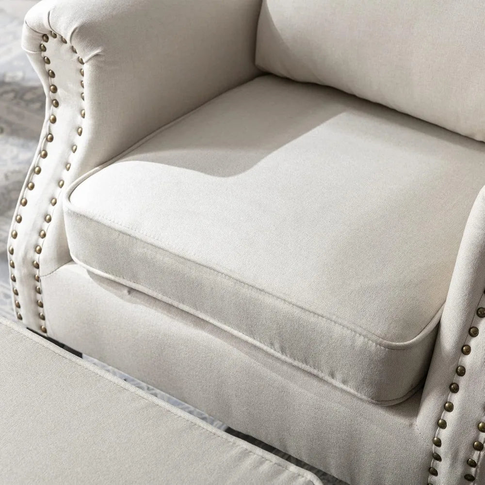 General Chair With Ottoman Wingback Tufted Linen Armchair