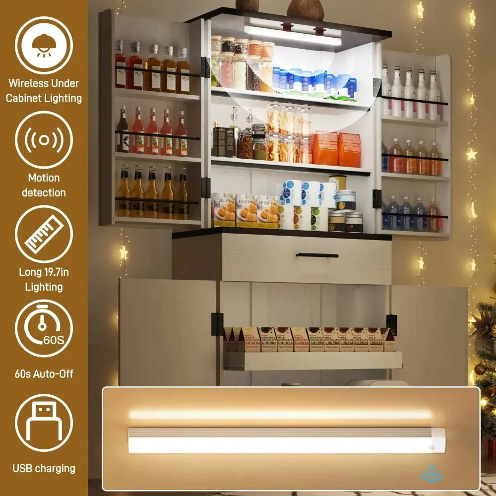 71 Inch Tall Fluted Kitchen Pantry Cabinet with LED Light and Ample Storage