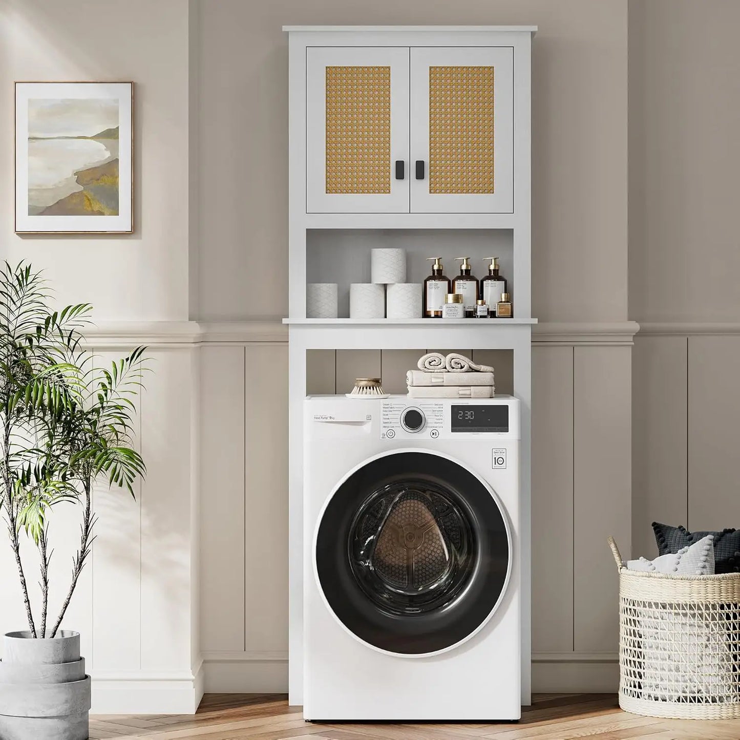 Farmhouse Over Toilet Storage Cabinet With Rattan Doors And Adjustable Shelf