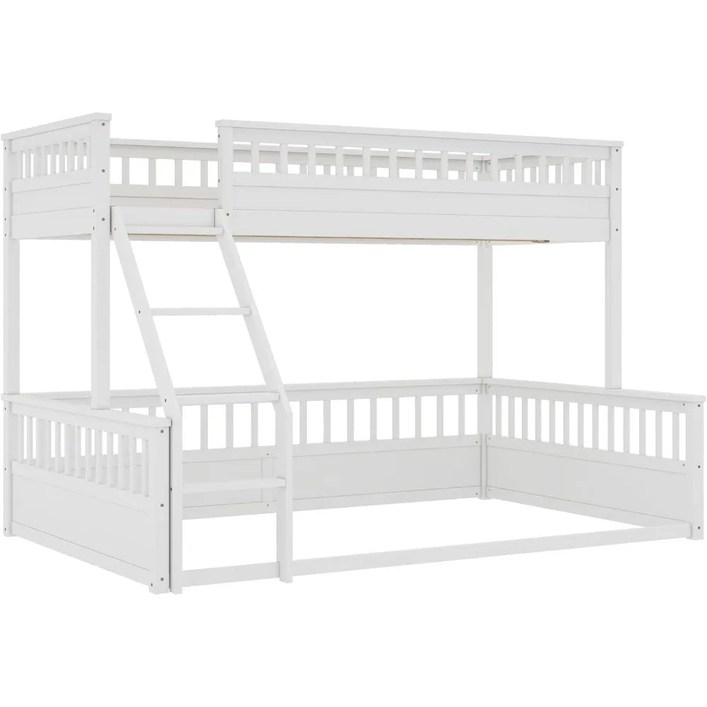 Low Bunk Beds Twin XL Over Queen with Ladder and Guardrail for Kids