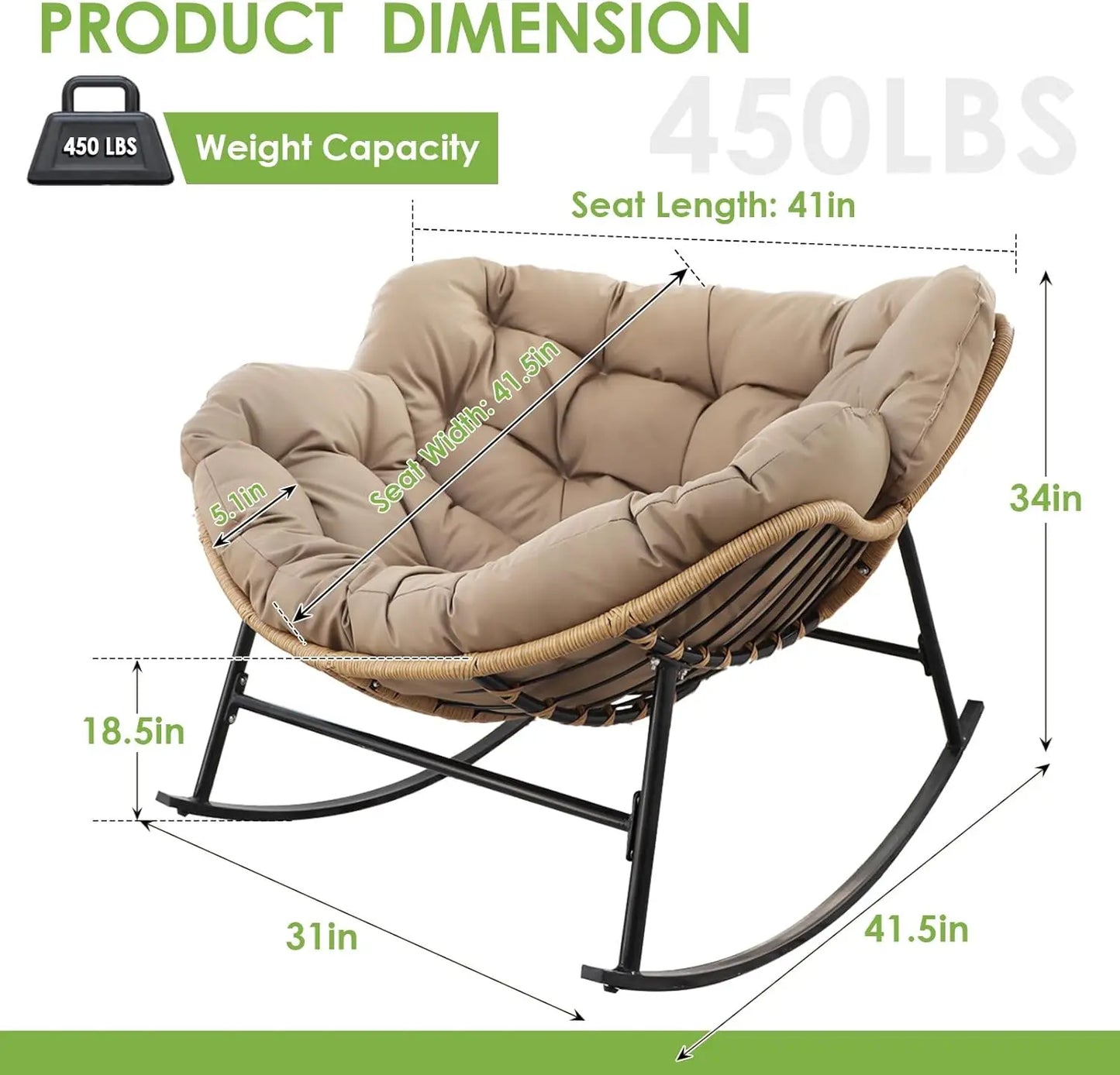 Oversized Rocking Egg Chair with Water Resistant Cushion for Indoor Outdoor Use