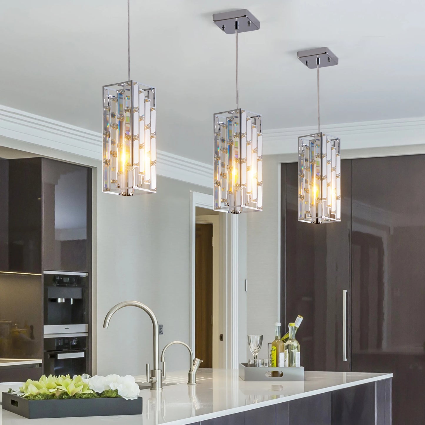 Modern Crystal Pendant Light 3 Pack Adjustable Ceiling Lamp Chrome Finish