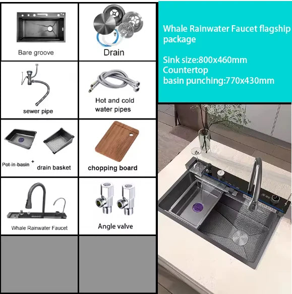 304 Stainless Steel Kitchen Waterfall Sink Digital Display