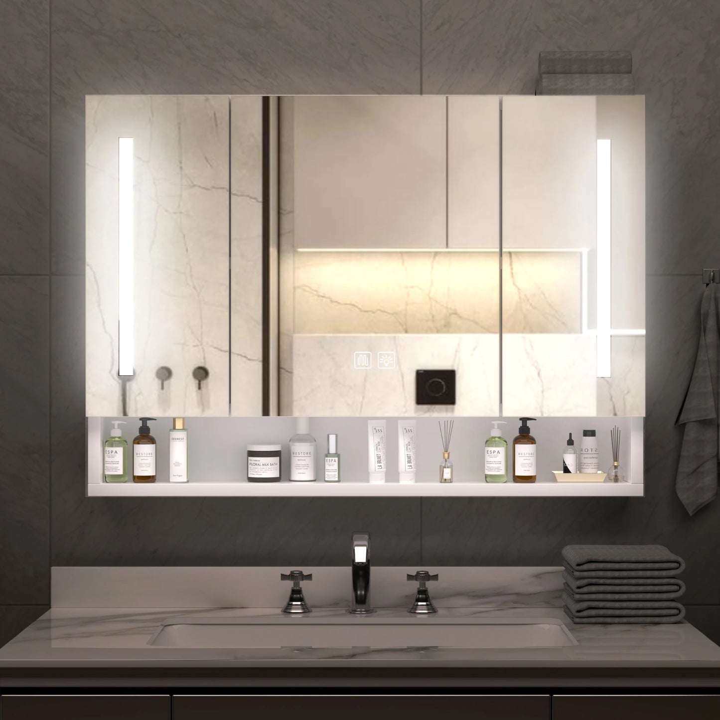 Modern 39x28 Inch Bathroom Cabinet with Mirror LED Lights and Storage Compartments