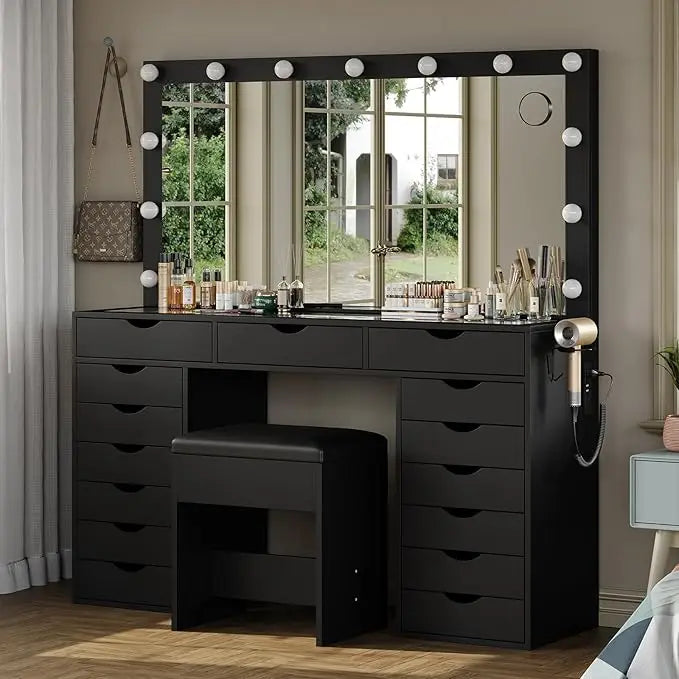 Vanity Desk with Mirror and Lights Makeup Table with Charging Station and Drawers