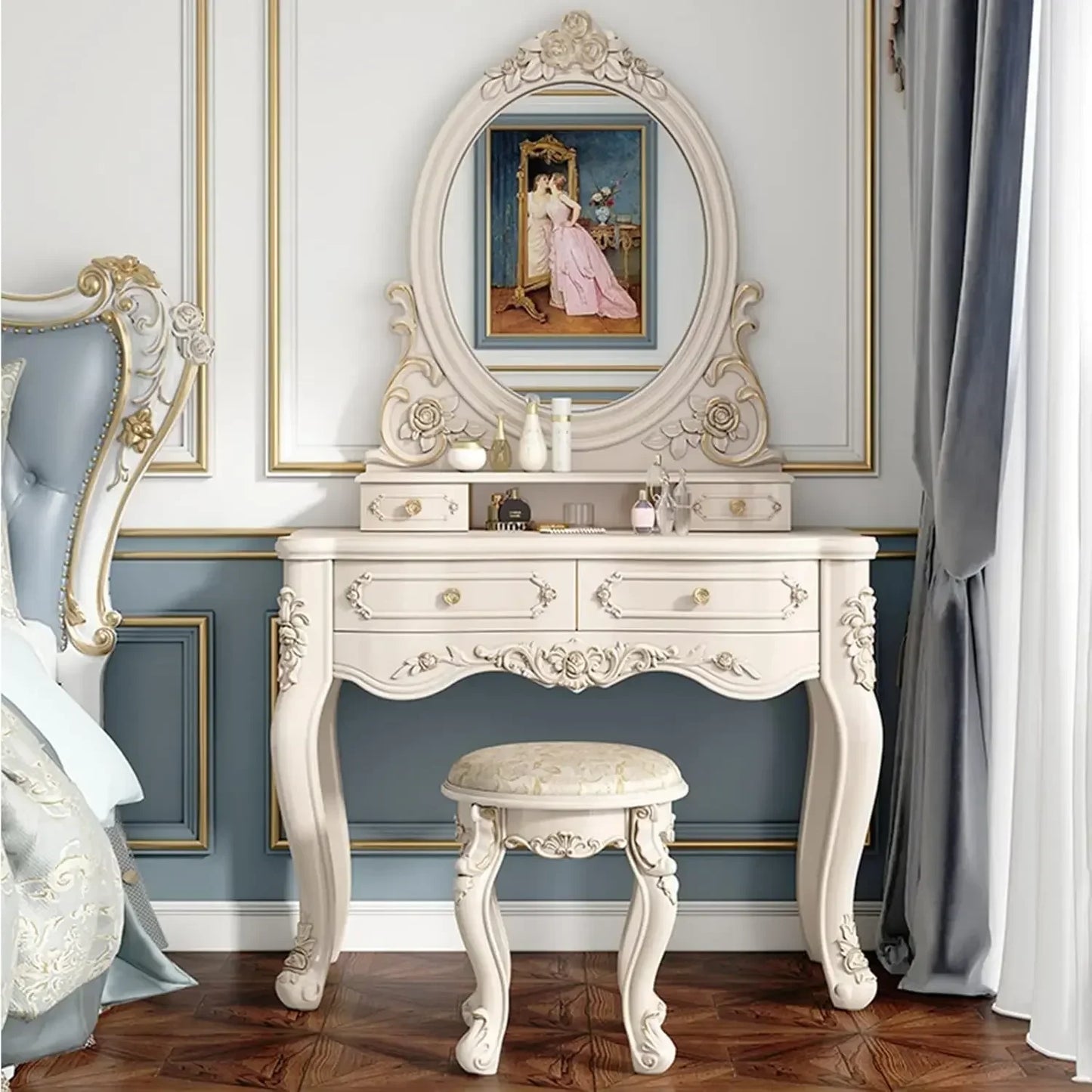 Stylish White Makeup Vanity with LED Touch Light Mirror and Cushioned Stool