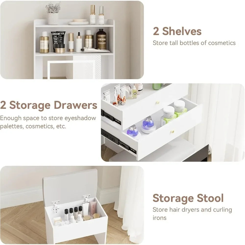 Small Vanity Desk Set with Lighted Mirror and Storage Chair for Small Spaces