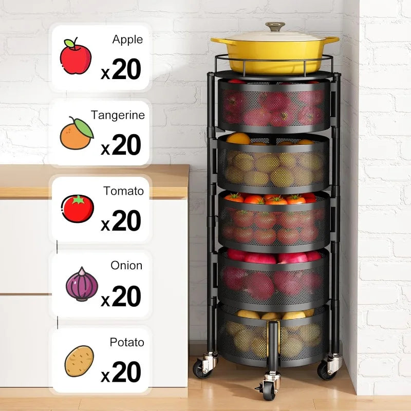 SNTD 5 Tier Rotating Storage Rack Cart with Metal Top Lid for Kitchen Organization