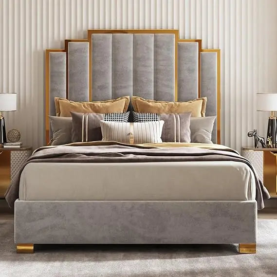 Ticify Upholstered Bed With Tall Headboard And Trim