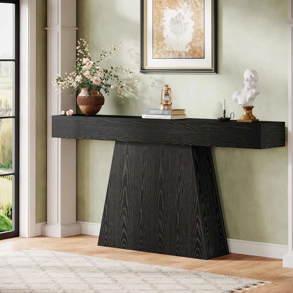 63 Inch Black Farmhouse Console Table with Trapezoidal Base for Entryway