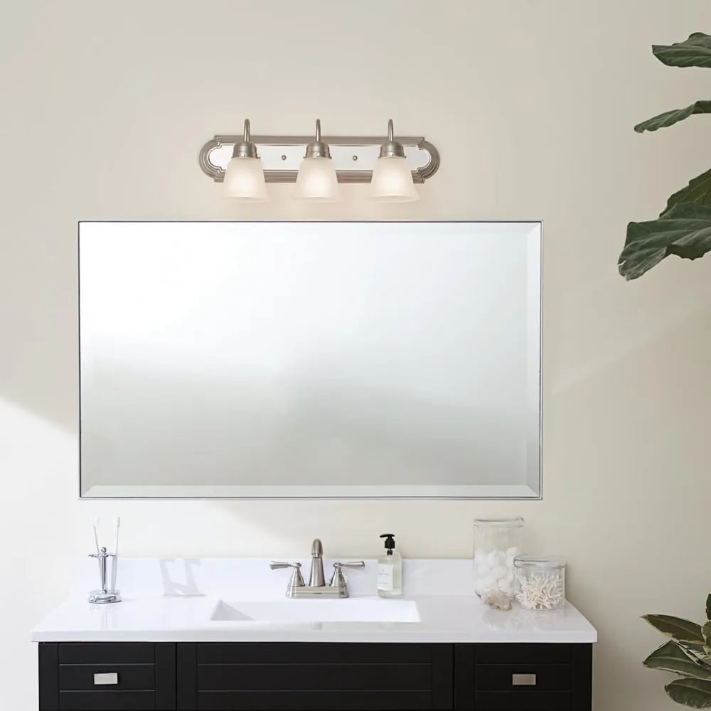 Modern 3-Light Vanity Bath Light in Brushed Nickel with Satin Etched Glass