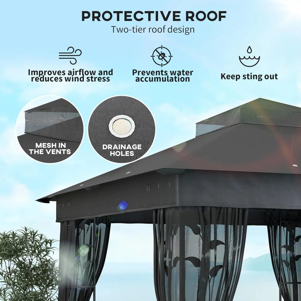 10 Foot x 10 Foot Double Roof Outdoor Gazebo with Shelves and Netting