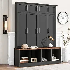 58.8 Inch Wide Hall Tree with Bench Coat Rack Hooks Drawers and Adjustable Shelves