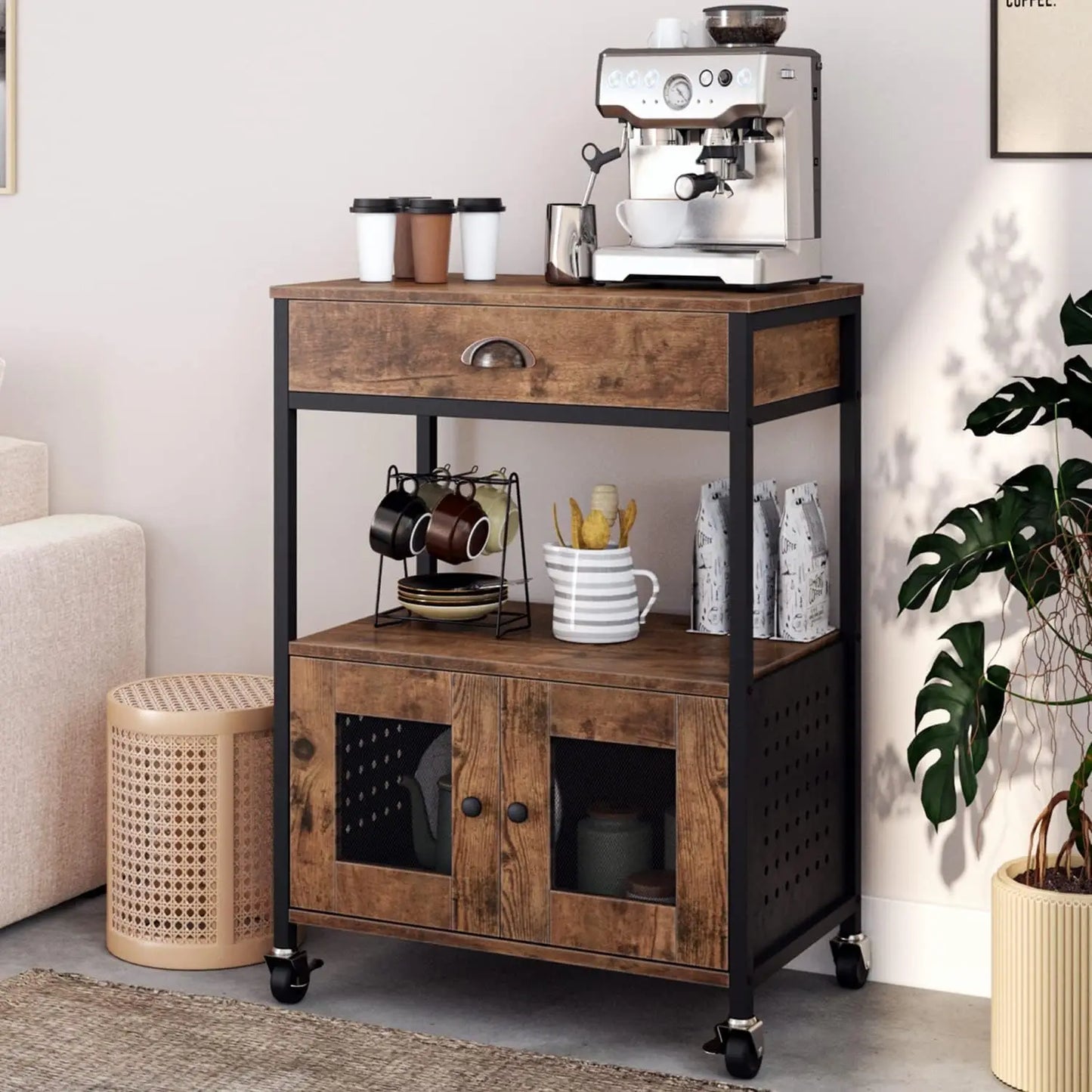 MOYU Coffee Cart Station With Rolling Storage Drawer