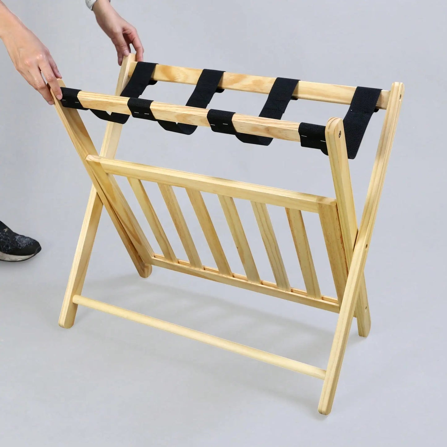 Solid Wood Folding Luggage Rack with Heavy Duty Straps and Storage Shelves