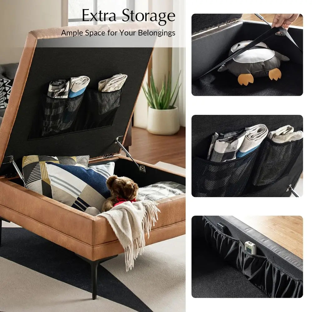 Faux Leather Coffee Table With Storage Ottoman Metal Legs